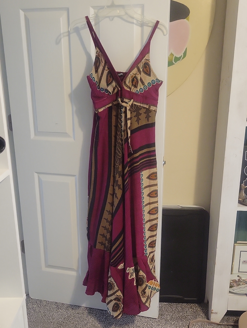 Celina Strappy Printed Maxi Dress in Magenta,Tan Strech Back Adjustable straps.